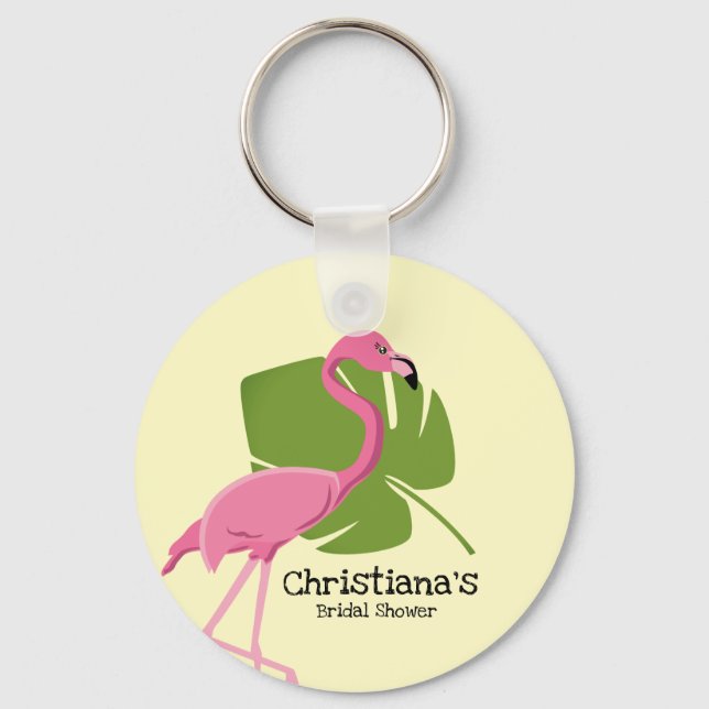 Custom Pink Flamingo Tropical Bridal Shower Key Ring (Front)