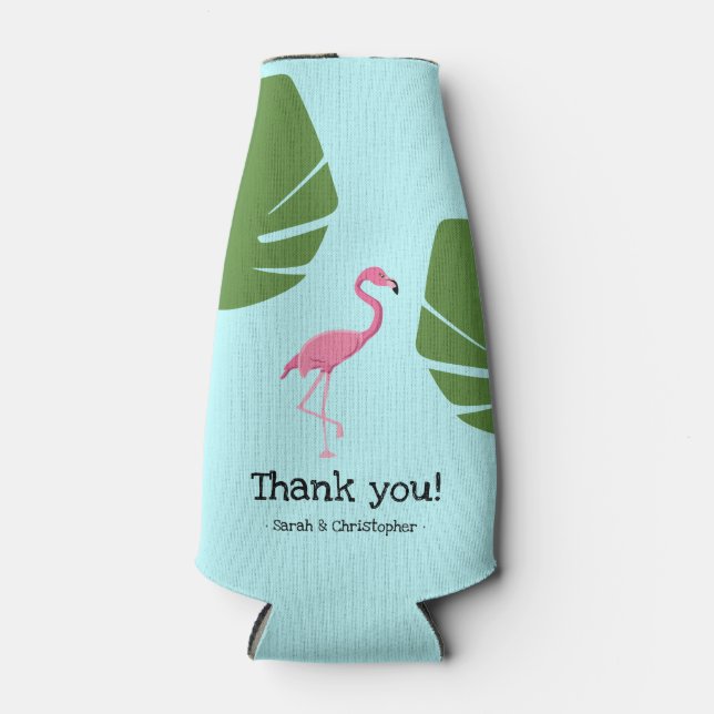 Custom Pink Flamingo Tropical Destination Wedding Bottle Cooler (Front)