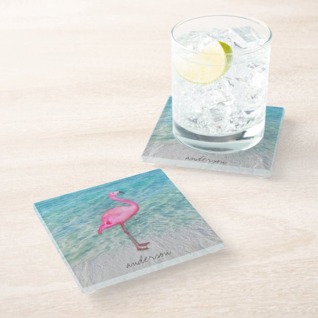 Custom Pink Flamingo Tropical Sandy Beach Modern Glass Coaster (Angled)