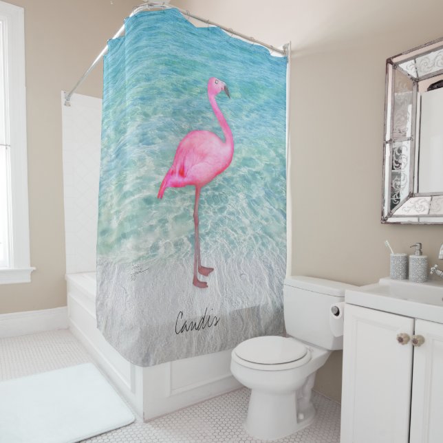 Custom Pink Flamingo Tropical Sandy Beach Modern Shower Curtain (In Situ)