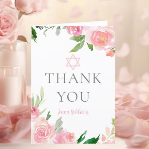 Custom Pink Floral Bat Mitzvah Party Jewish Thank You Card