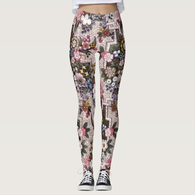Custom pink floral exercise leggings (Front)