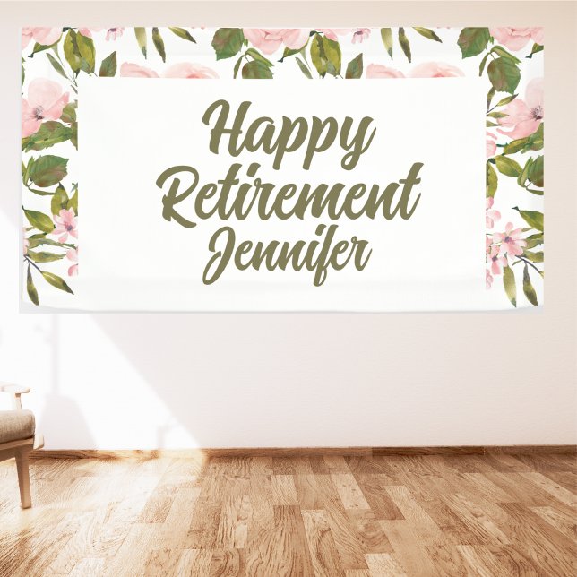 Custom Pink Floral Greenery Happy Retirement Party Banner (Creator Uploaded)