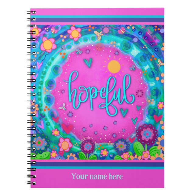 Custom Pink Floral Hearts Hopeful Fun Colourful Notebook (Front)
