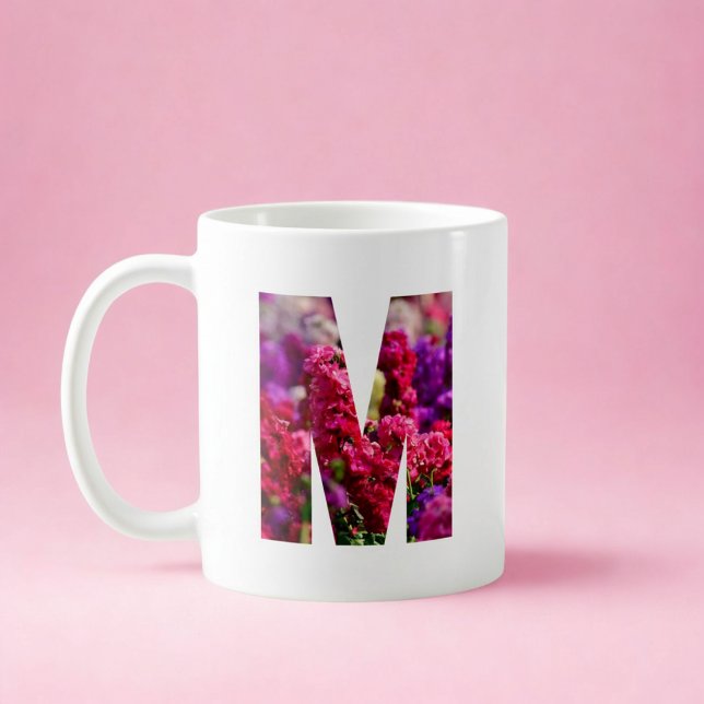 Custom Pink Floral M Initial and Name Mug (Creator Uploaded)
