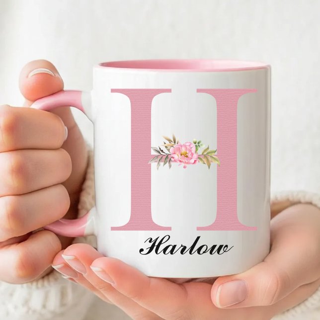 Custom Pink Floral Monogram Mug Gift for Moms (Custom Pink Floral Monogram Mug Gift for Her, Wildflower Initial Name Mug Birthday Gift for Her Mom)