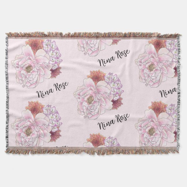 Custom Pink Floral Nursery Throw Blanket with Name (Front)