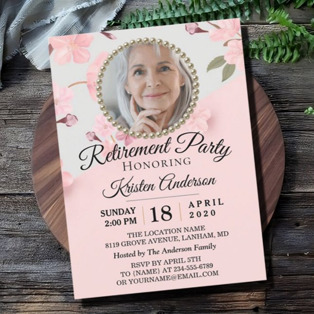 Custom Pink Floral Photo Retirement Party Invitation (Creator Uploaded)