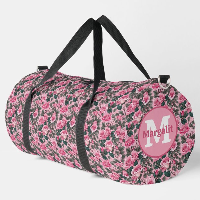 Custom Pink Floral Roses Monogram Large Duffel Bag (Left Corner)