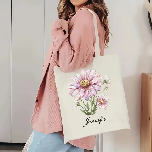 Custom Pink Floral Tote Bag Gift for Her or Mum (personalized name tote bag, student gift tote bag, birthday gift for her, gift for mom tote bag, )
