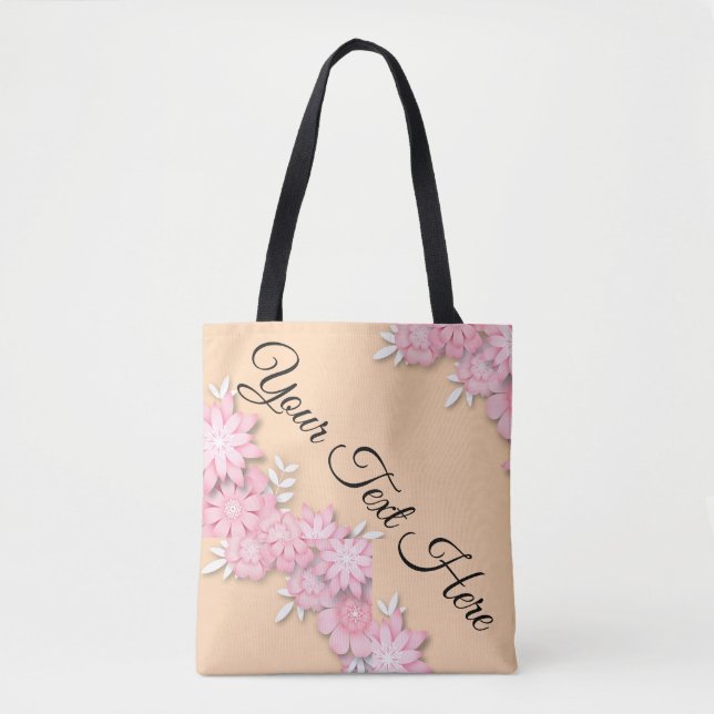 Custom Pink Floral Tote Bag – Personalised Text  (Front)