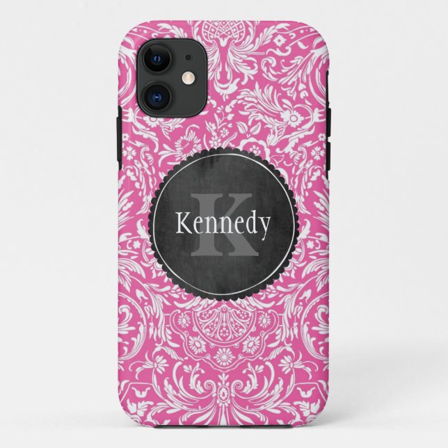 Custom Pink Flower Damask Chalkboard Monogram Case-Mate iPhone Case (Back)