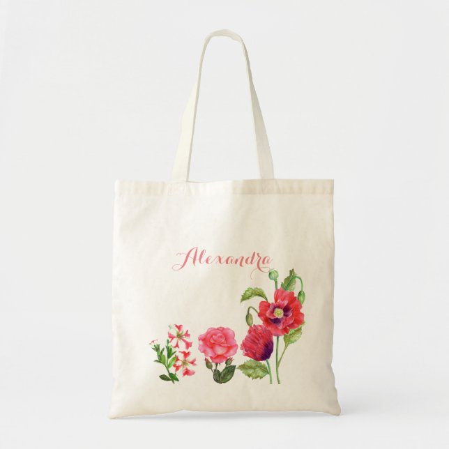 Custom Pink Flowers Floral Art Tote Bag (Front)