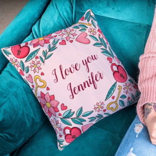 Custom Pink Flowers Heart I love You Mothers Day  Cushion