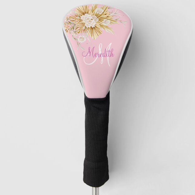 Custom Pink Flowers Monogram Name   Golf Head Cover (Front)