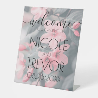 Custom Pink Flowers Teal Welcome Wedding  Pedestal Sign