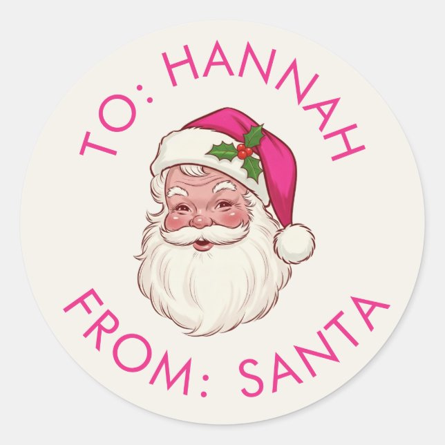 Custom Pink From Santa Gift Classic Round Sticker (Front)