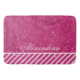 Custom Pink Glitter and White Stripes Modern artsy Bath Mat