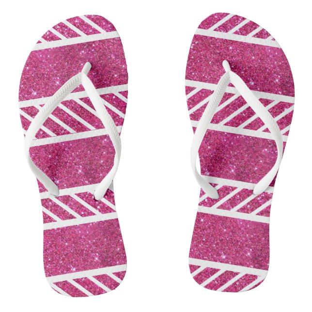Custom Pink Glitter and White Stripes Modern artsy Thongs (Footbed)