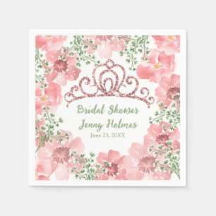Custom Pink Glitter Crown Pink Roses Greenery  Napkin