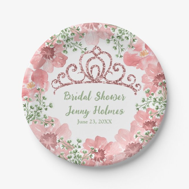 Custom Pink Glitter Crown Pink Roses Greenery  Paper Plate (Front)