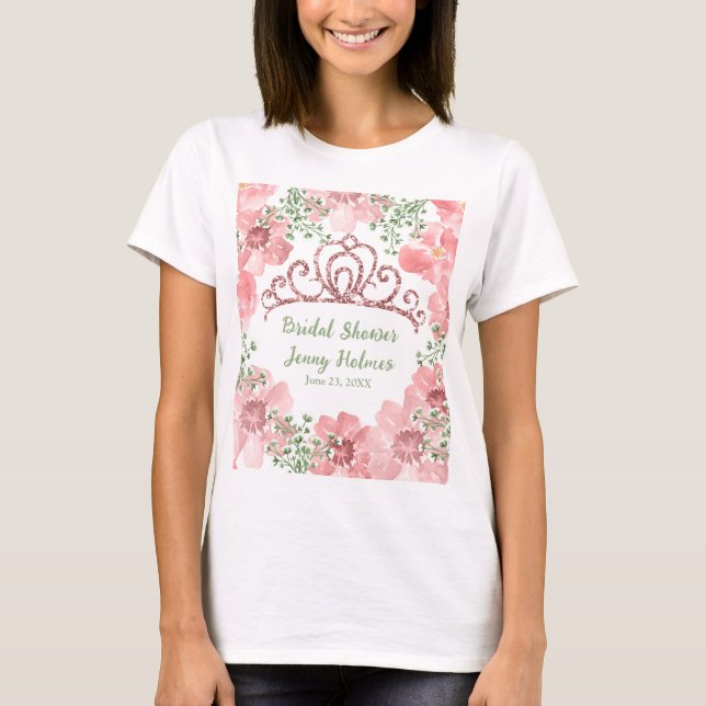Custom Pink Glitter Crown Pink Roses Greenery   T-Shirt (Front)