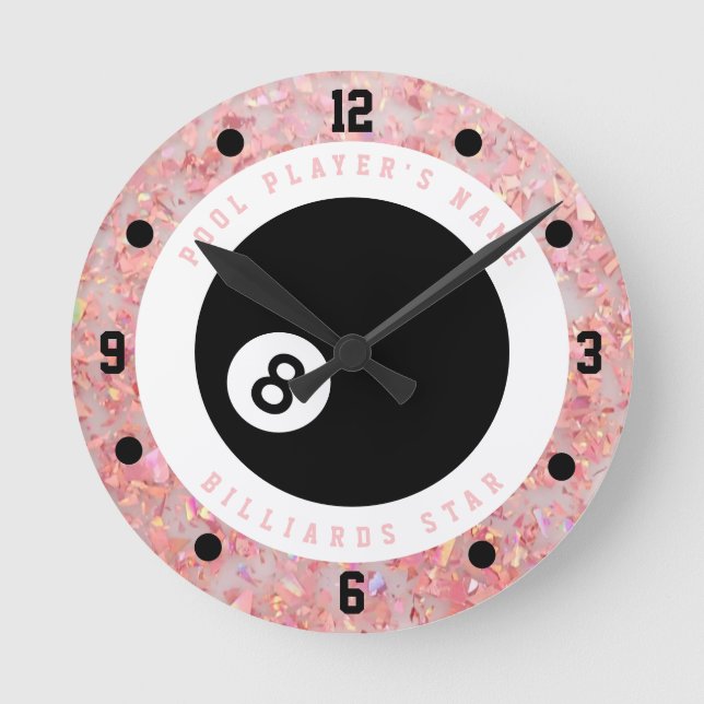 Custom Pink Glitter Girls Billiards Pool Player Round Clock (Front)