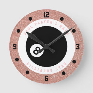 Custom Pink Glitter Girls Billiards Pool Player Round Clock