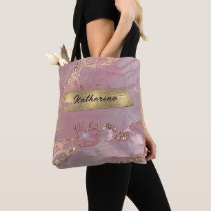 Custom Pink Gold Diamond Glitter Monogram Tote Bag