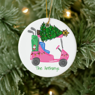 Custom Pink Golf Cart Santa Golf BagChristmas Tree Ceramic Ornament