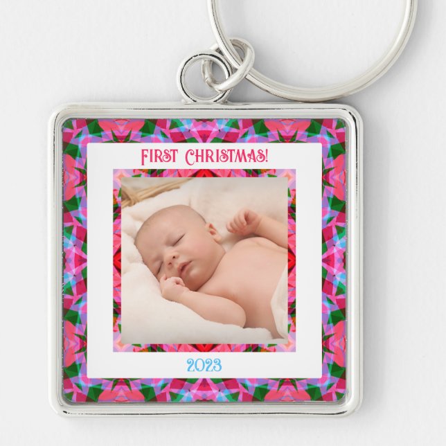 Custom Pink Green Jolly Festive Christmas Photo  Key Ring (Front)