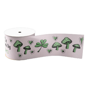 Custom Pink & Green Shamrock Heart & Mushroom 3" Grosgrain Ribbon