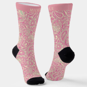 Custom Pink Green Yellow Paisley Pattern Socks