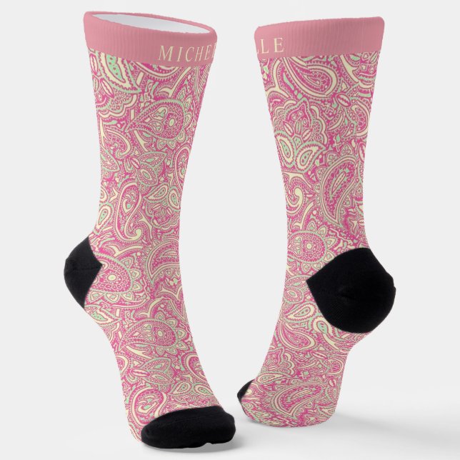 Custom Pink Green Yellow Paisley Pattern Socks (Angled)