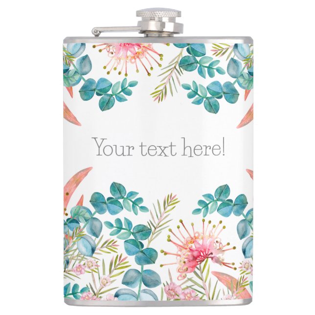 Custom Pink Grevillea And Eucalyptus  Hip Flask (Front)