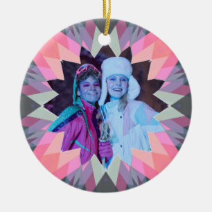 Custom Pink Grey Christmas Star Family Photo Gift Ceramic Ornament