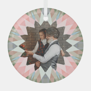 Custom Pink Grey Christmas Star Family Photo Gift Glass Tree Decoration