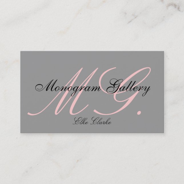 Custom Pink Grey White Monogram Business Card (Front)