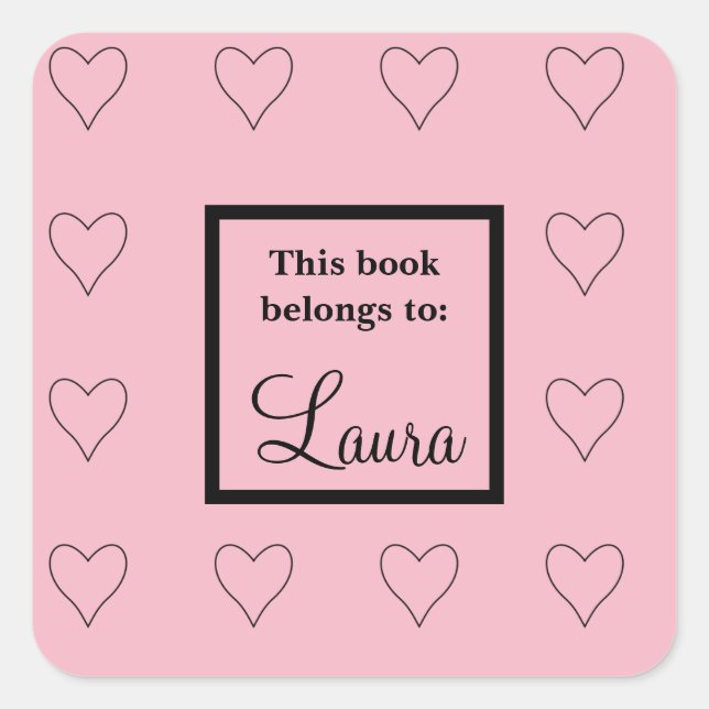 Custom Pink Hearts Bookplate Label Sticker (Front)
