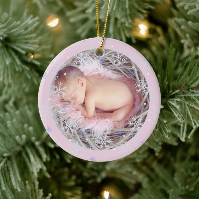 Custom Pink Keepsake Photo Baby's First Christmas  Ceramic Ornament (Tree)