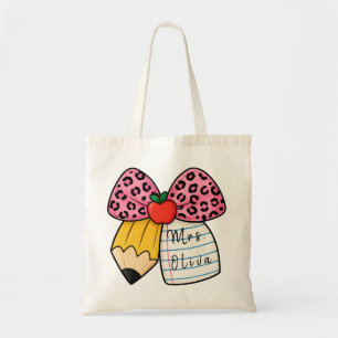 Custom Pink Leopard Bow Teacher Appreciation Gift Tote Bag