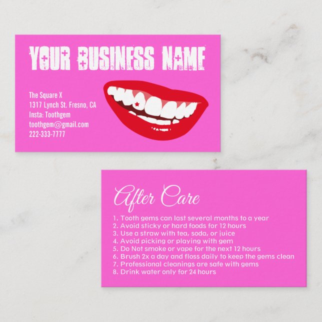 Custom Pink Lips Tooth gem After Care Business Card (Front/Back)