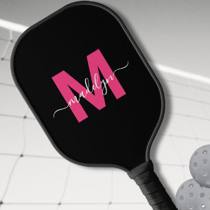 Custom Pink Modern Script Name Monogram Pickleball Paddle