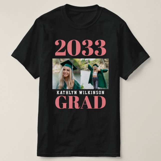 CUSTOM Pink Modern Simple Script 2 Photo Grad T-Shirt (Design Front)