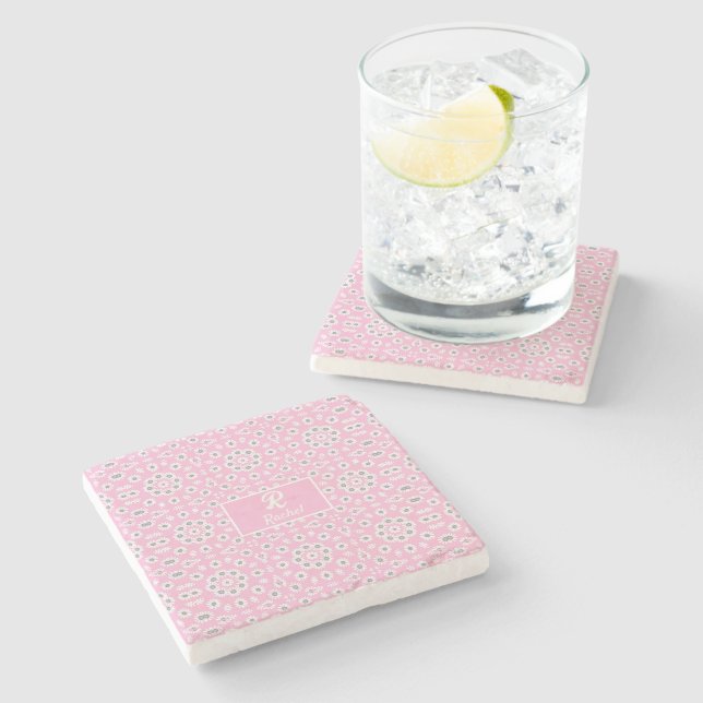 Custom Pink Monogram Floral Stone Coaster (Side)