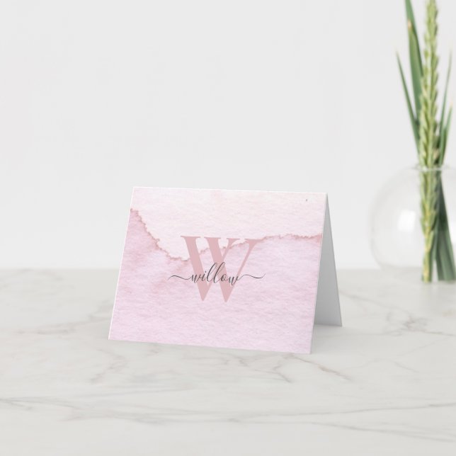 Custom Pink Monogram Watercolor Thank You Card (Front)