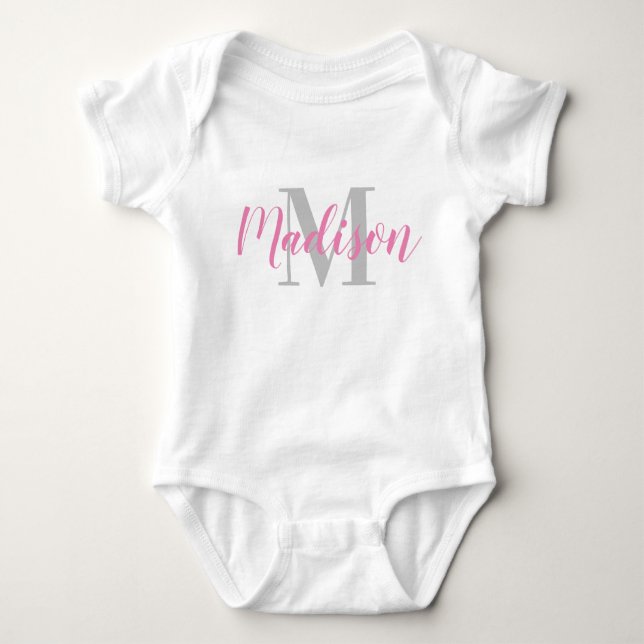 Custom Pink Name and Grey Initial Baby T-Shirt Bodysuit (Front)