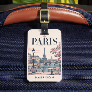 Custom Pink Nostalgic Eiffel Tower Paris France Luggage Tag