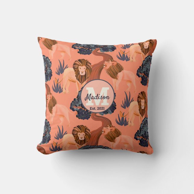 Custom Pink, Orange and Navy Safari Lion Pattern Cushion (Front)