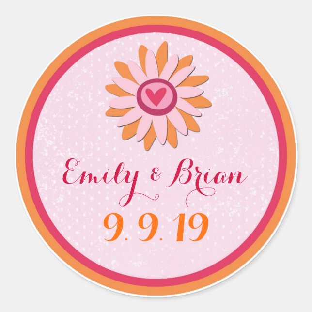Custom pink orange flower wedding sticker labels (Front)